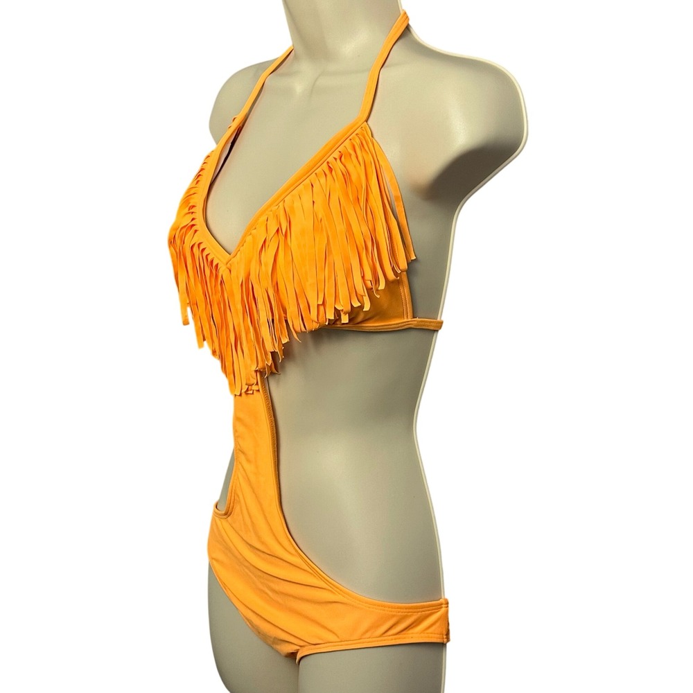 Express Swimsuit Medium Orange Fringe Cutout Monokini‎ Boho Festival Summer NWT - Picture 3 of 6